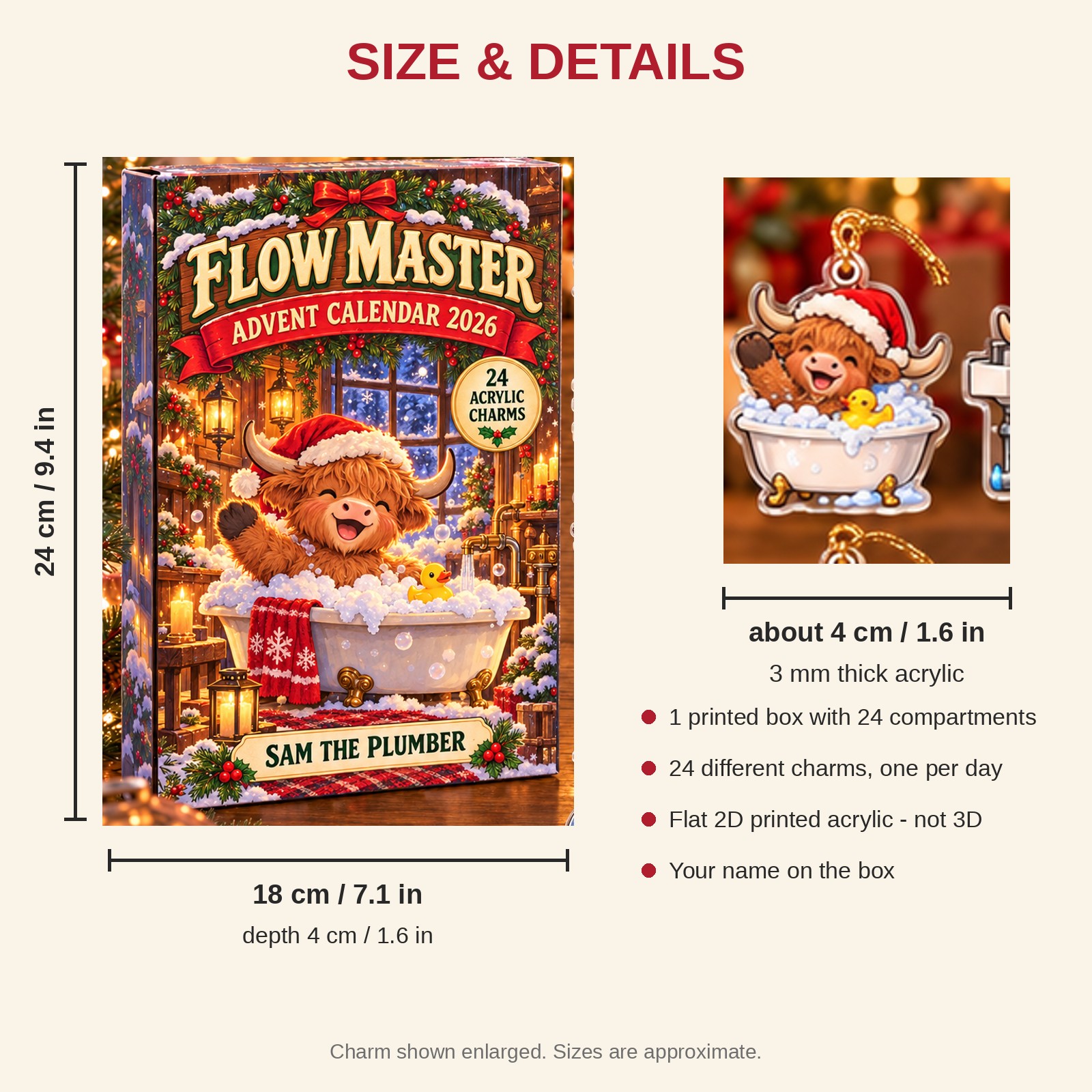 Personalized Plumber Highland Cow advent calendar box with 24 flat acrylic Christmas charms: box and charm sizes