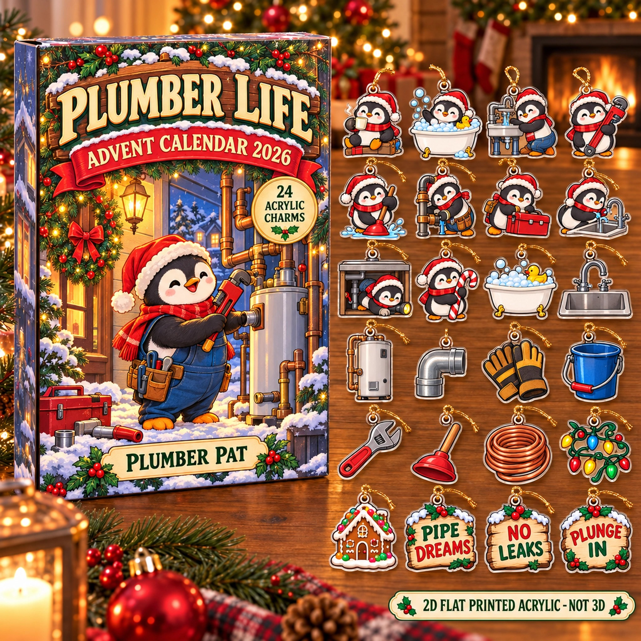 Personalized Plumber Penguin advent calendar box with 24 flat acrylic Christmas charms