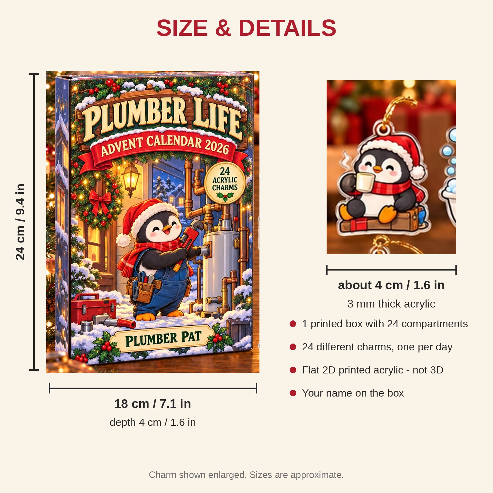 Personalized Plumber Penguin advent calendar box with 24 flat acrylic Christmas charms: box and charm sizes