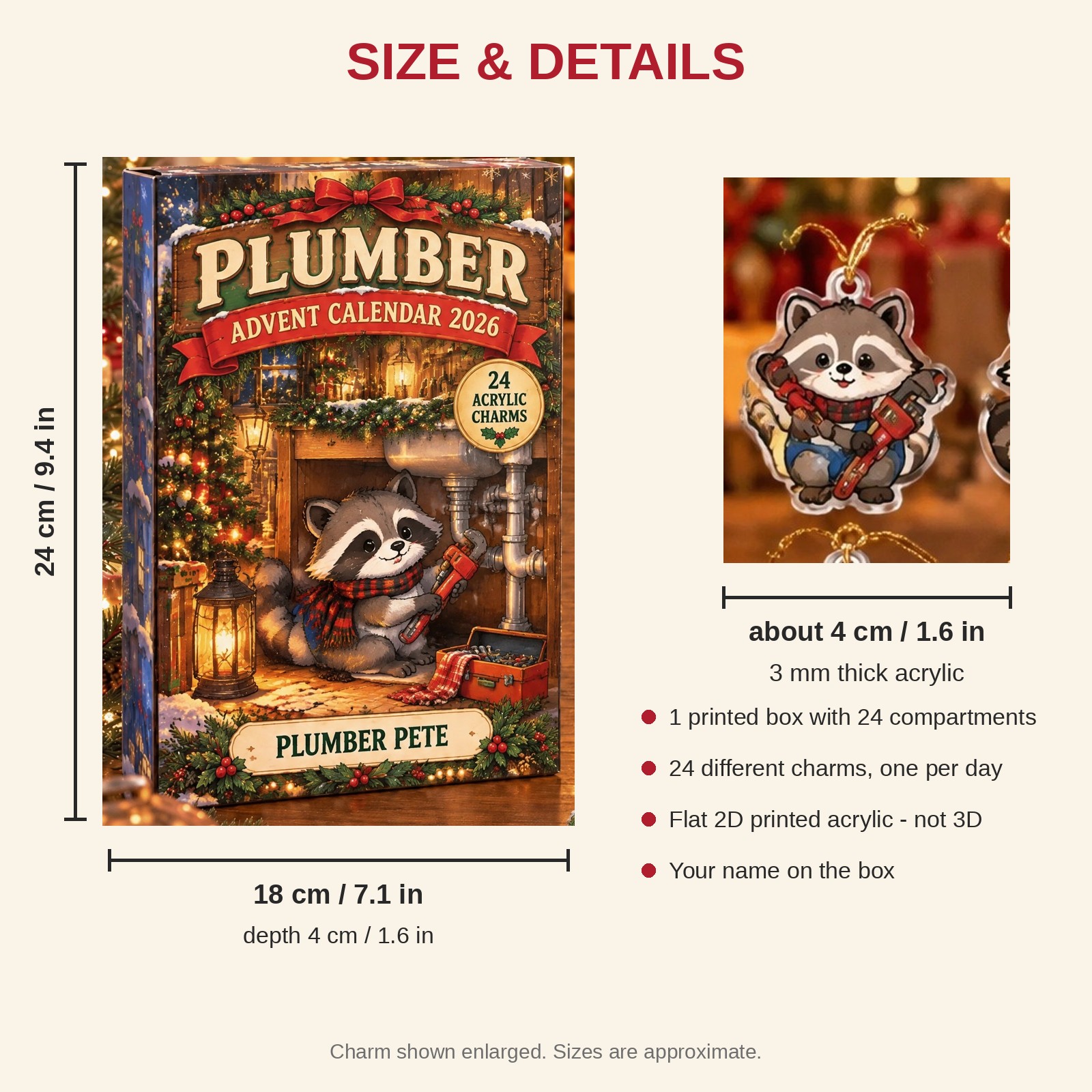 Personalized Plumber Raccoon advent calendar box with 24 flat acrylic Christmas charms: box and charm sizes