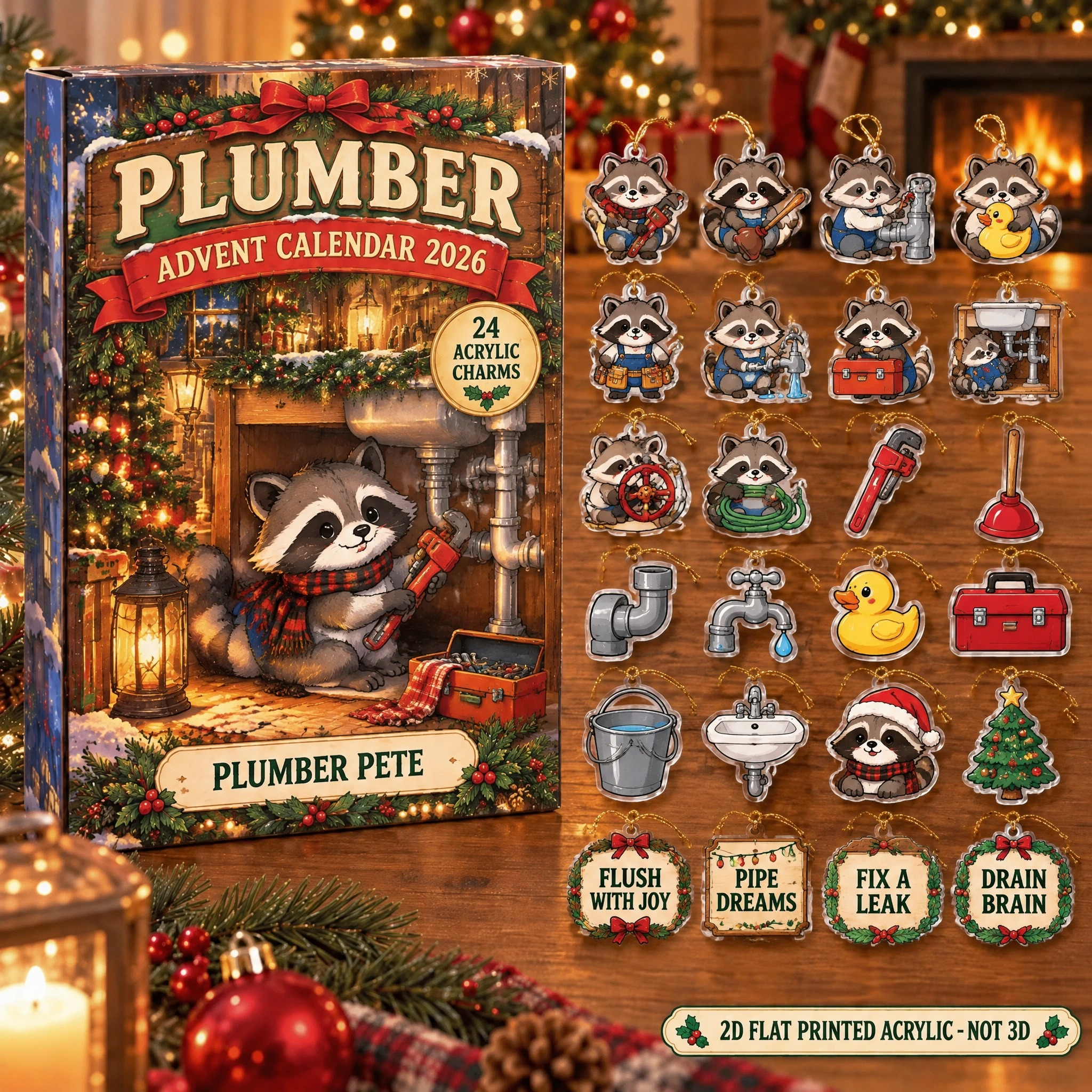 Personalized Plumber Raccoon advent calendar box with 24 flat acrylic Christmas charms