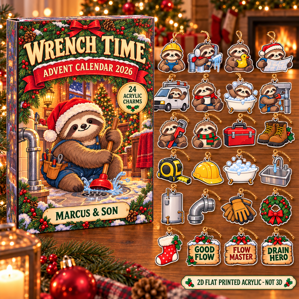 Personalized Plumber Sloth advent calendar box with 24 flat acrylic Christmas charms