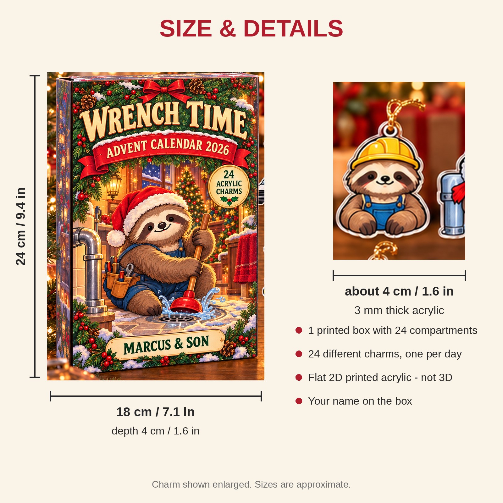 Personalized Plumber Sloth advent calendar box with 24 flat acrylic Christmas charms: box and charm sizes