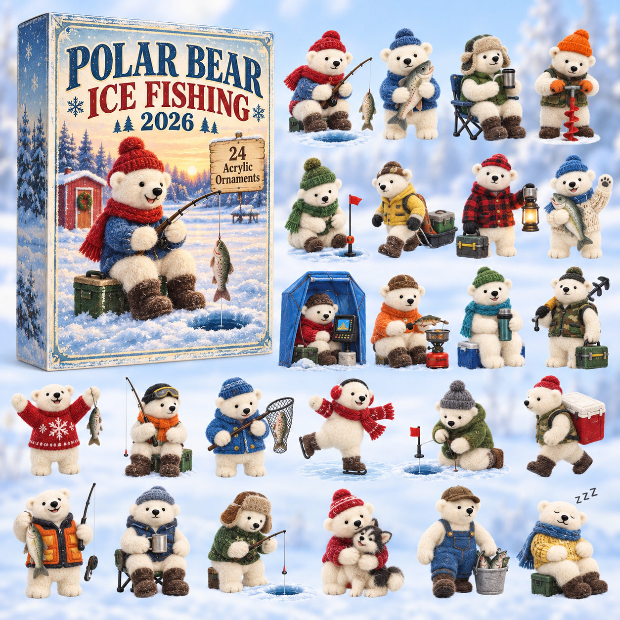 Polar Bear Ice Fishing advent calendar box with 24 acrylic Christmas charms
