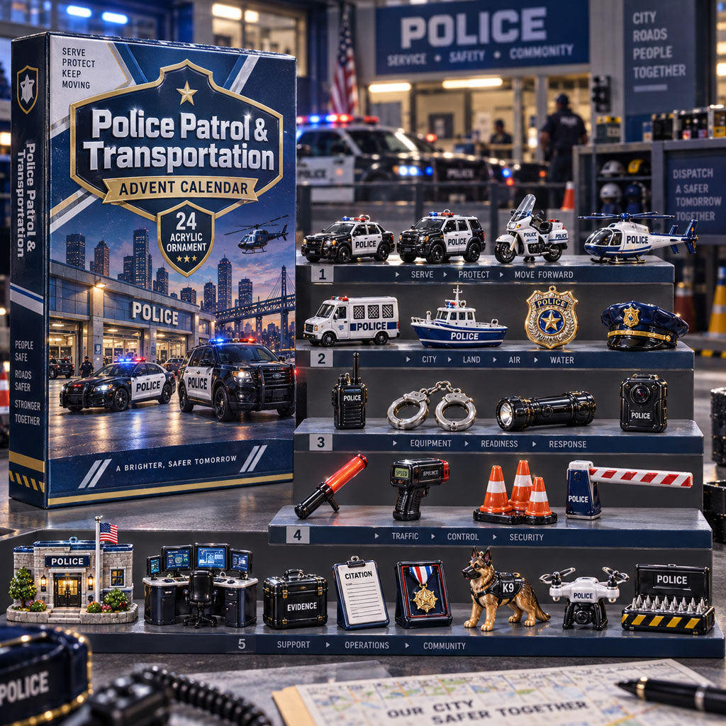 Police Patrol Transportation advent calendar box with 24 acrylic Christmas charms