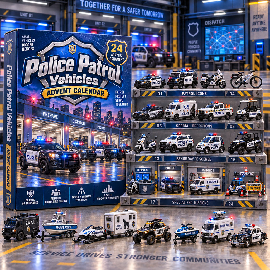 Police Patrol Vehicles advent calendar box with 24 acrylic Christmas charms