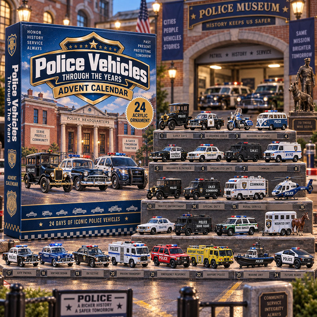 Police Vehicles History advent calendar box with 24 acrylic Christmas charms