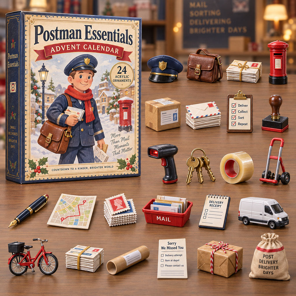 Postman Essentials advent calendar box with 24 acrylic Christmas charms