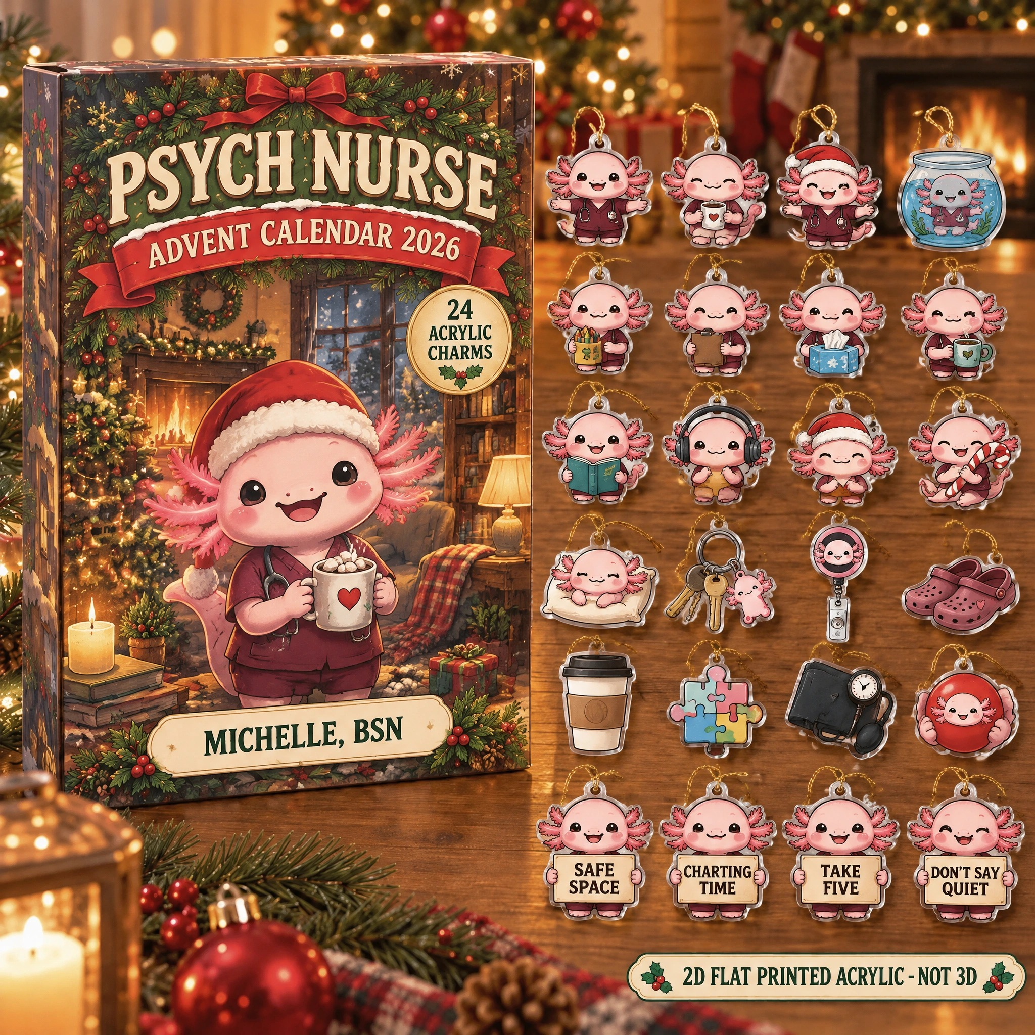 Personalized Psych Nurse Axolotl advent calendar box with 24 flat acrylic Christmas charms