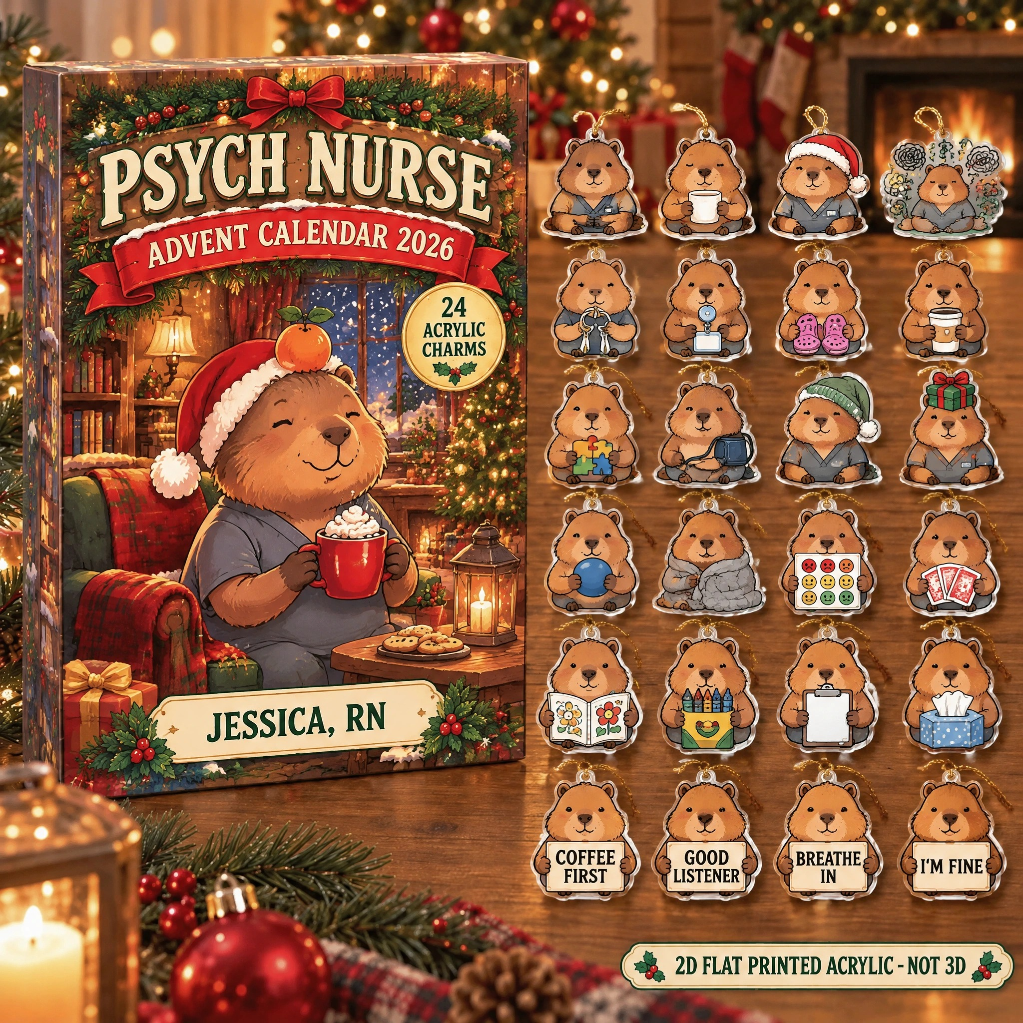 Personalized Psych Nurse Capybara advent calendar box with 24 flat acrylic Christmas charms