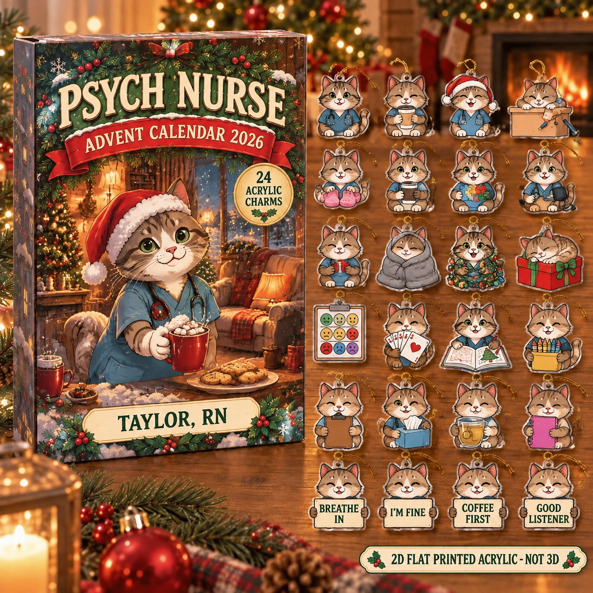 Personalized Psych Nurse Cat advent calendar box with 24 flat acrylic Christmas charms