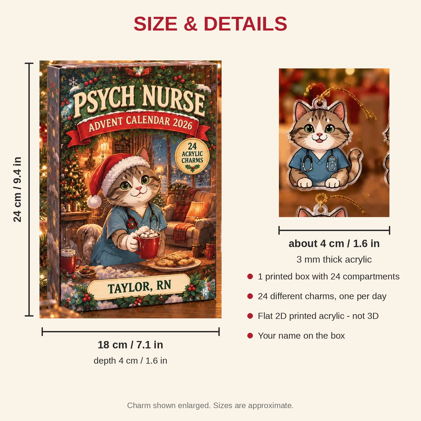 Personalized Psych Nurse Cat advent calendar box with 24 flat acrylic Christmas charms: box and charm sizes