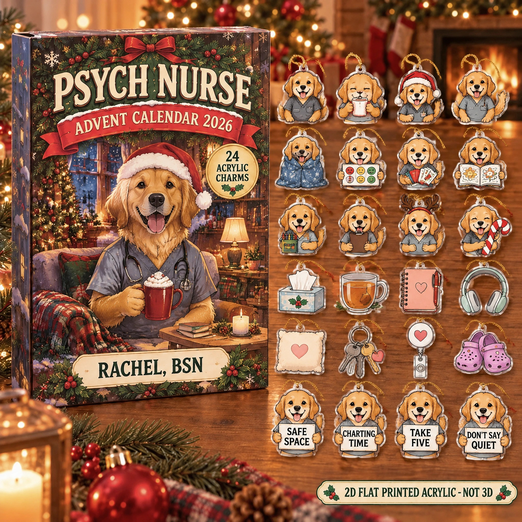Personalized Psych Nurse Dog advent calendar box with 24 flat acrylic Christmas charms