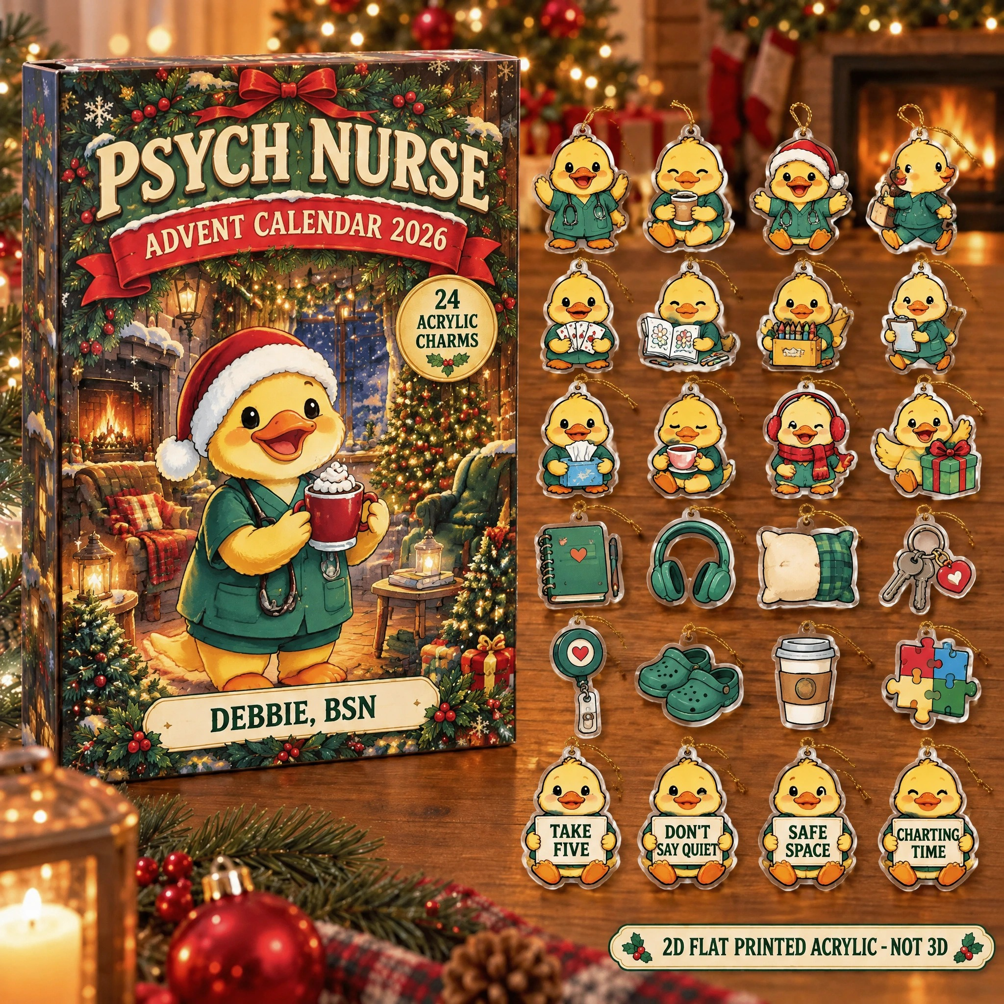 Personalized Psych Nurse Duck advent calendar box with 24 flat acrylic Christmas charms