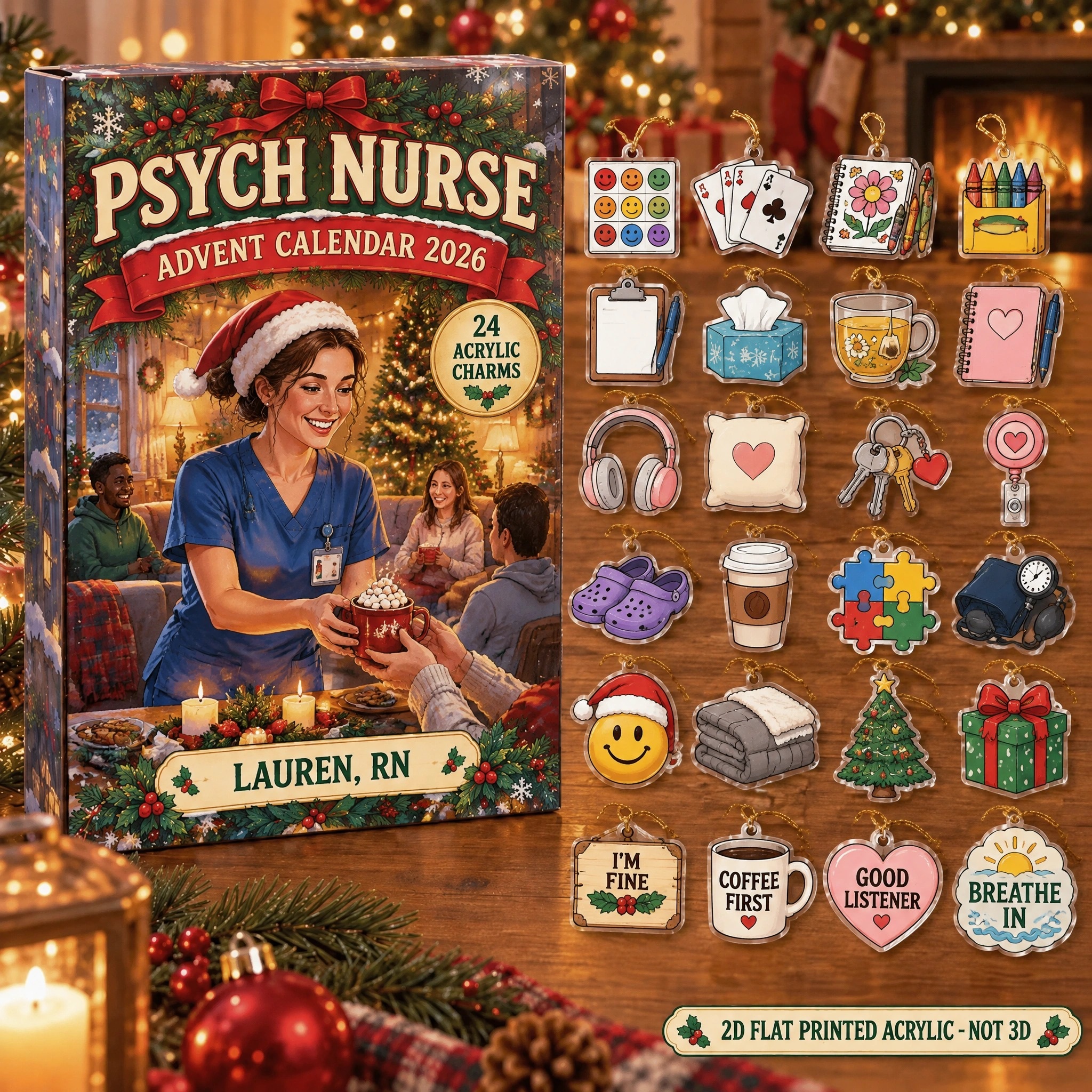 Personalized Psych Nurse Essentials advent calendar box with 24 flat acrylic Christmas charms