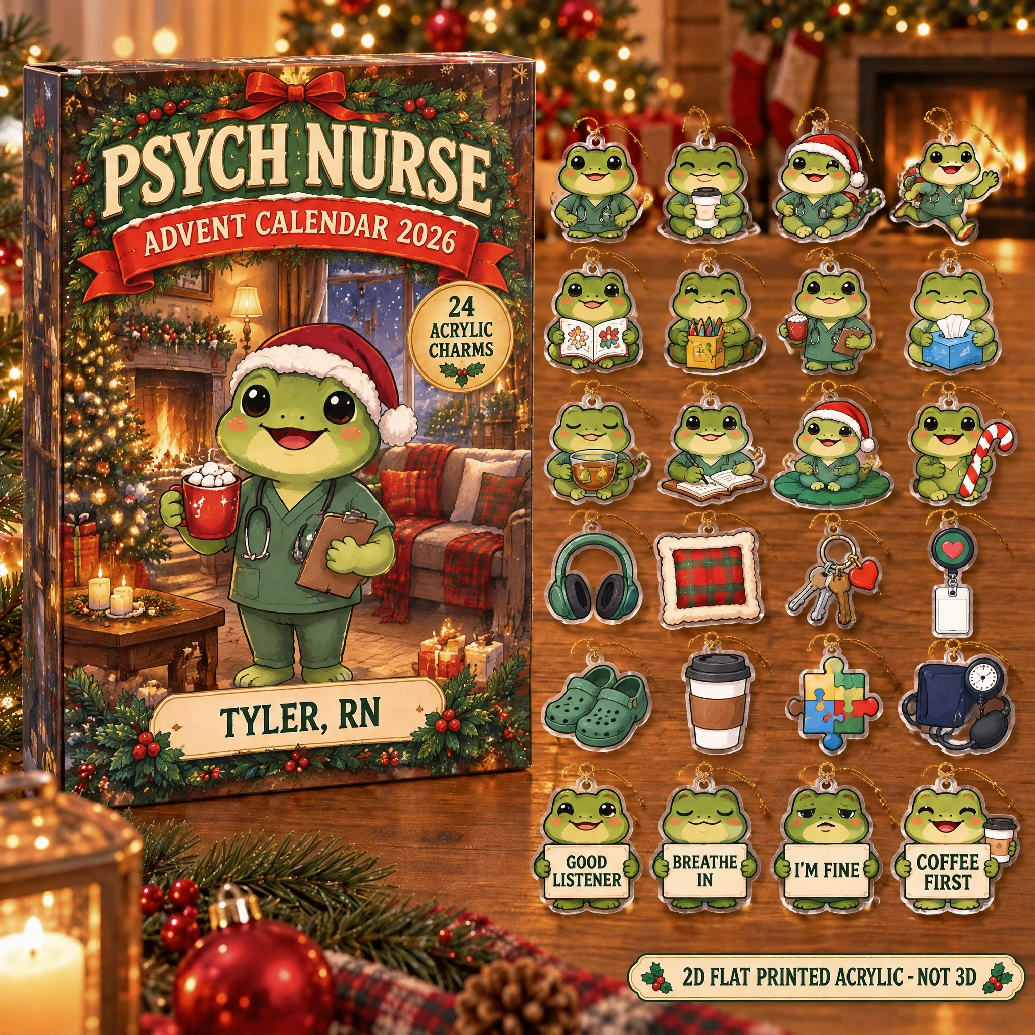 Personalized Psych Nurse Frog advent calendar box with 24 flat acrylic Christmas charms