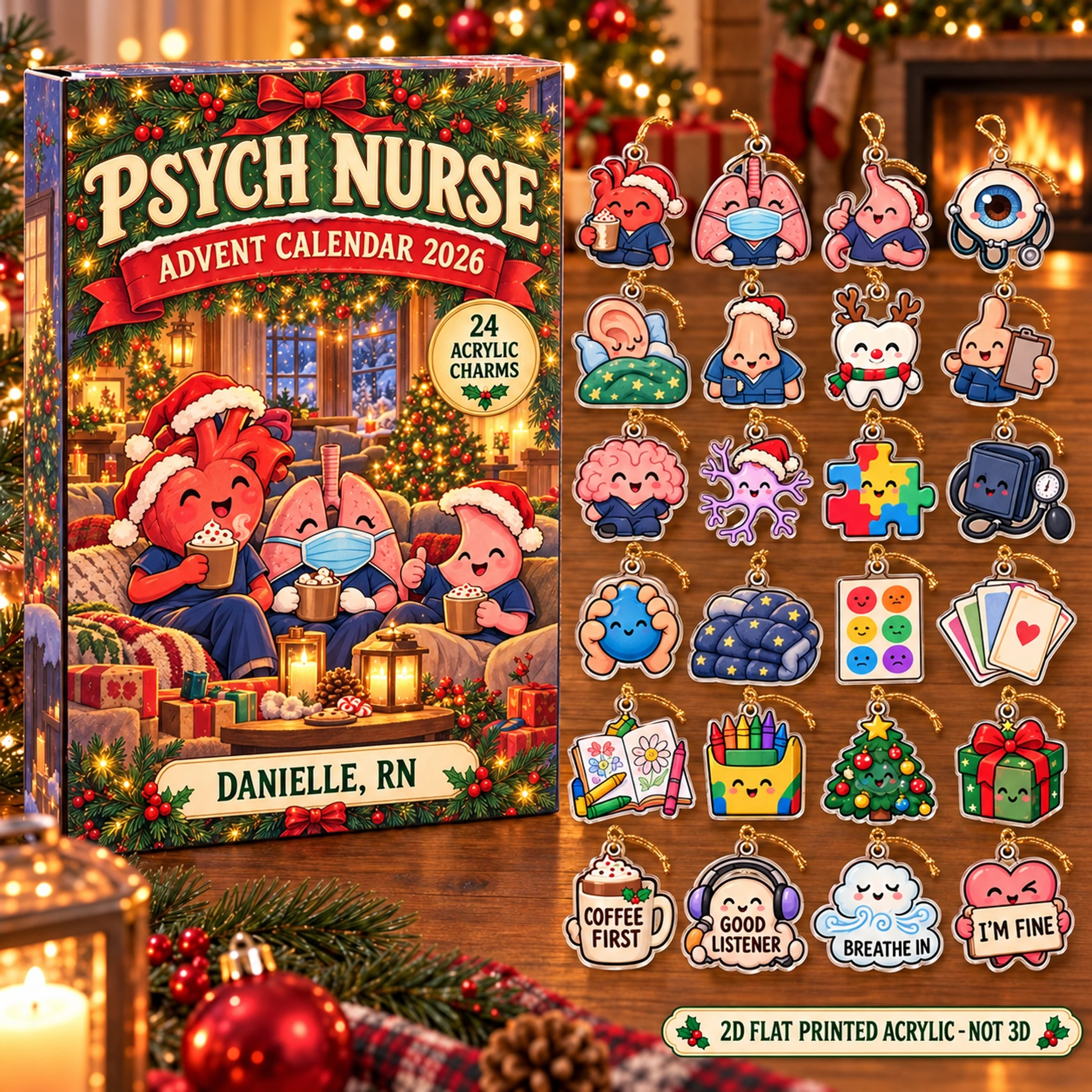 Personalized Psych Nurse Funny Anatomy advent calendar box with 24 flat acrylic Christmas charms