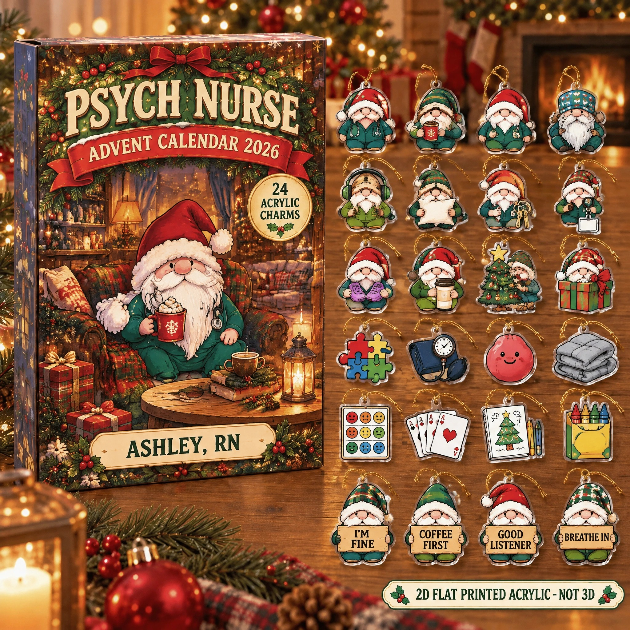 Personalized Psych Nurse Gnome advent calendar box with 24 flat acrylic Christmas charms