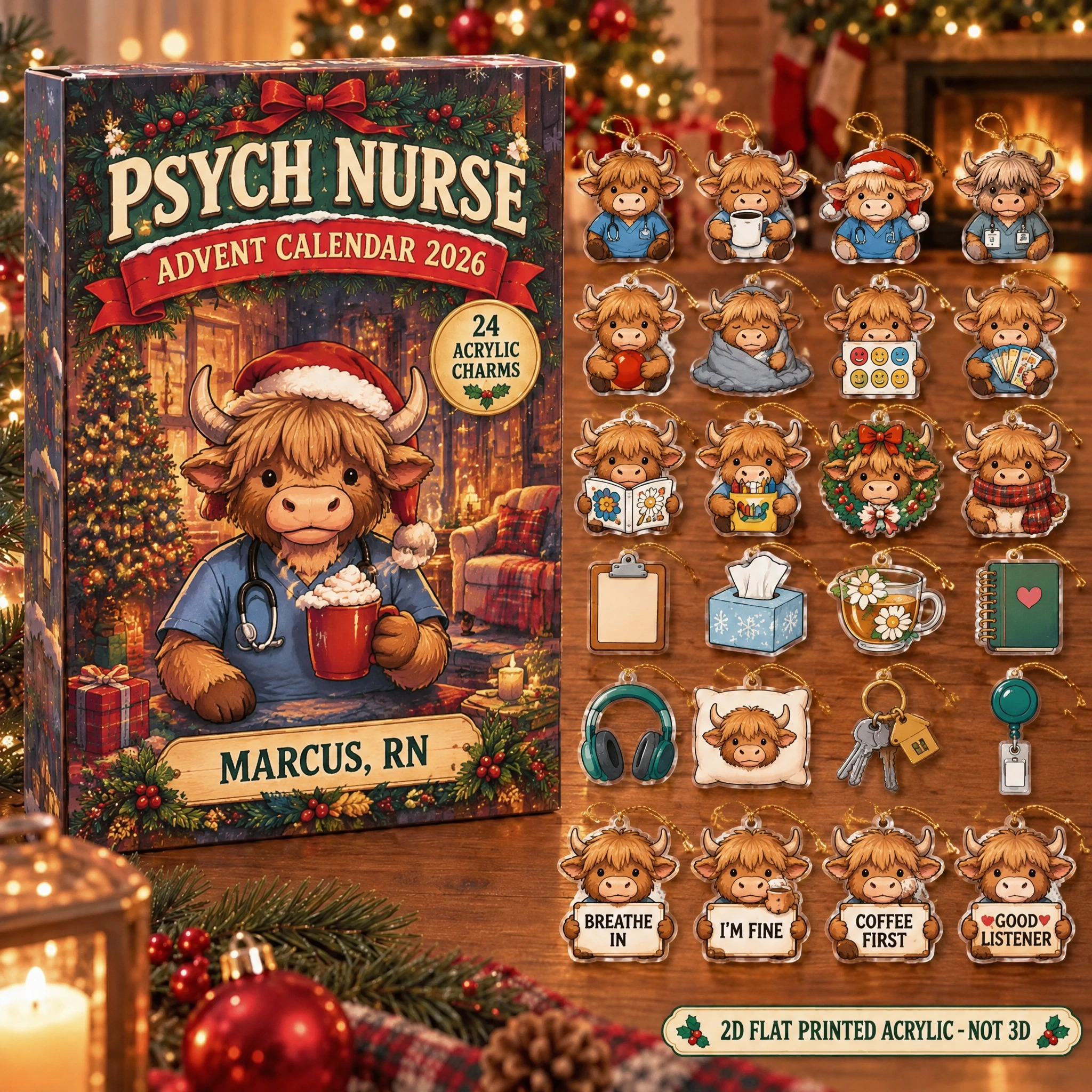 Personalized Psych Nurse Highland Cow advent calendar box with 24 flat acrylic Christmas charms