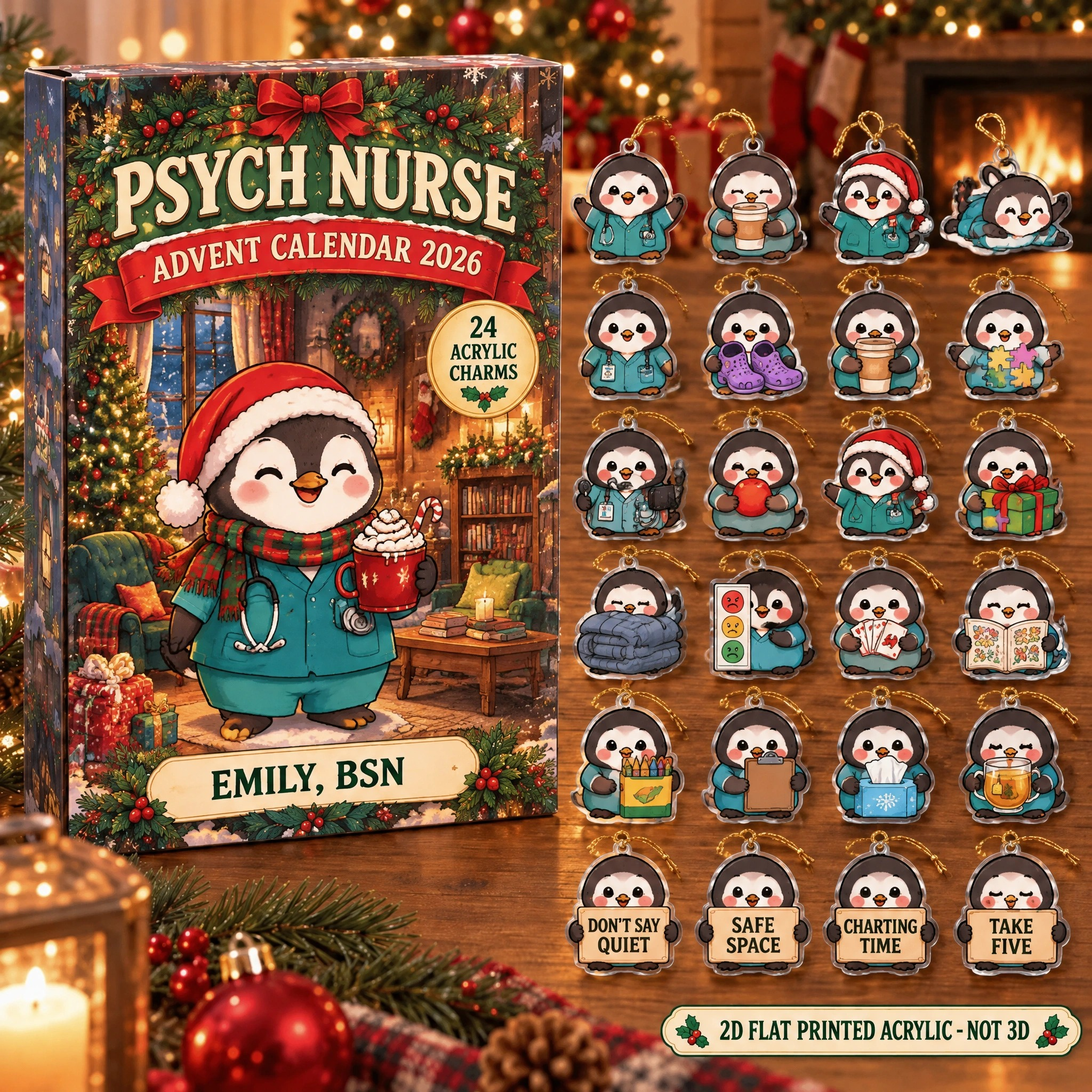 Personalized Psych Nurse Penguin advent calendar box with 24 flat acrylic Christmas charms