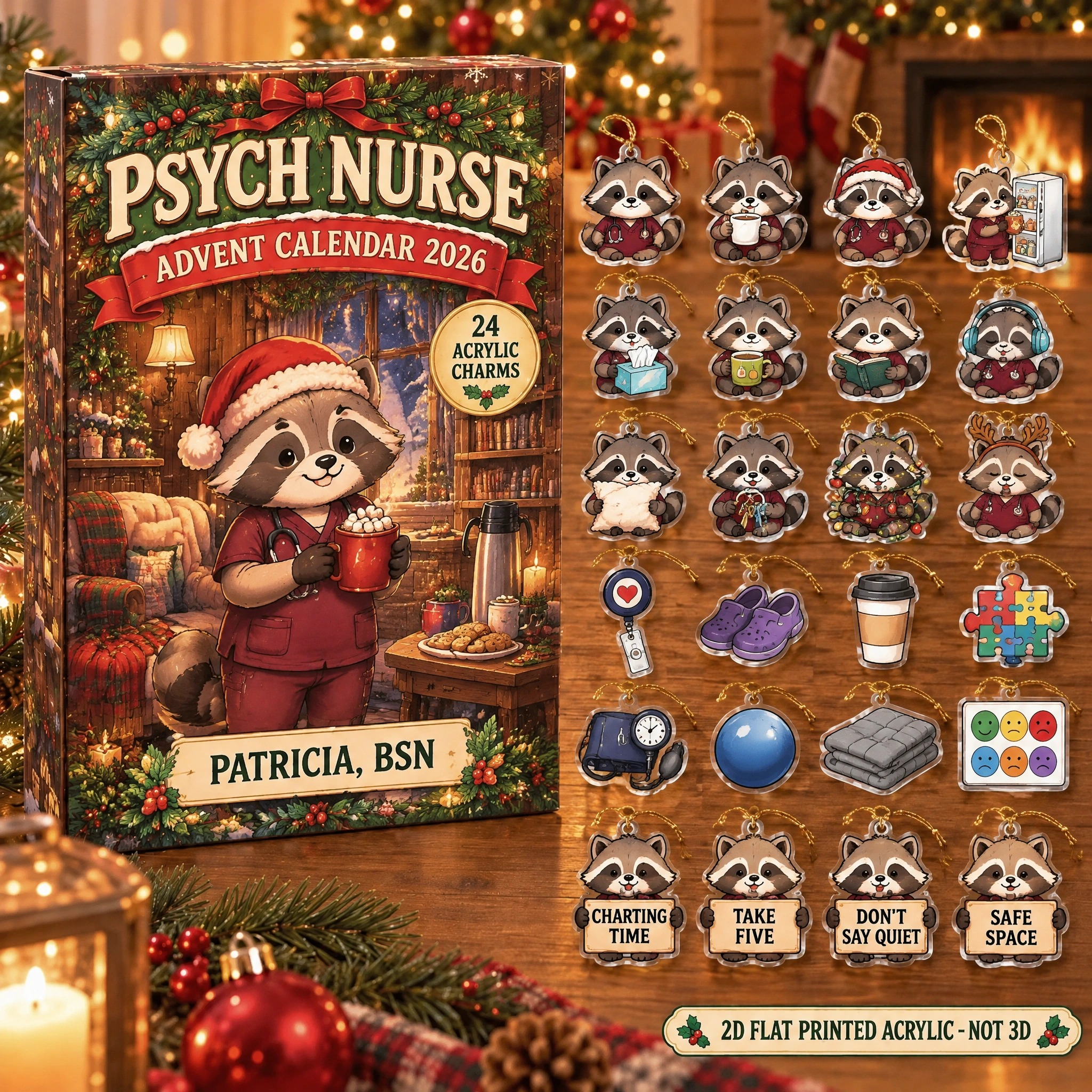 Personalized Psych Nurse Raccoon advent calendar box with 24 flat acrylic Christmas charms