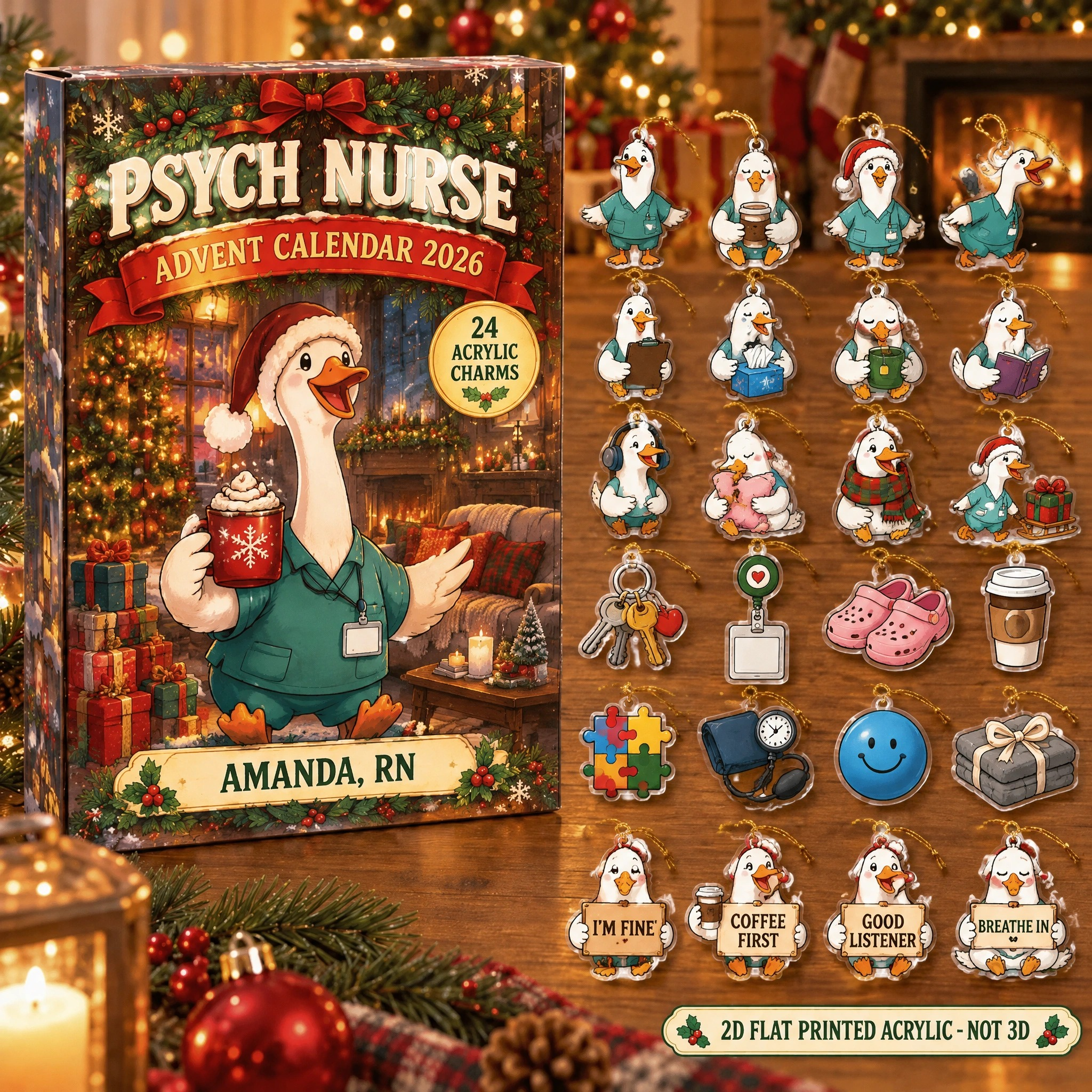 Personalized Psych Nurse Silly Goose advent calendar box with 24 flat acrylic Christmas charms