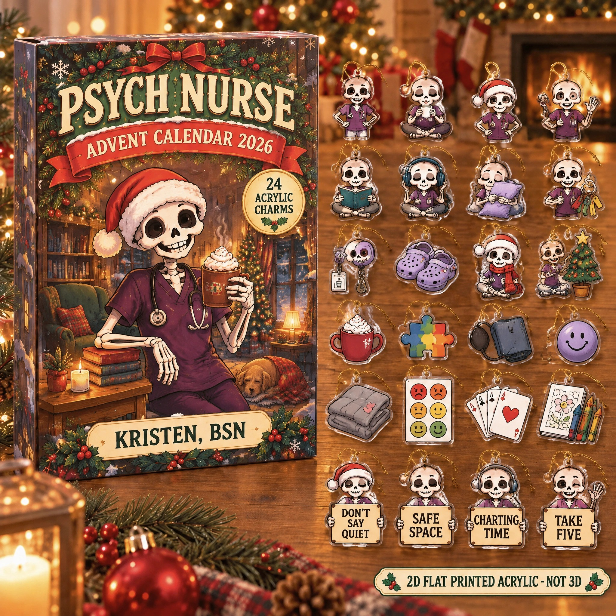 Personalized Psych Nurse Skeleton advent calendar box with 24 flat acrylic Christmas charms