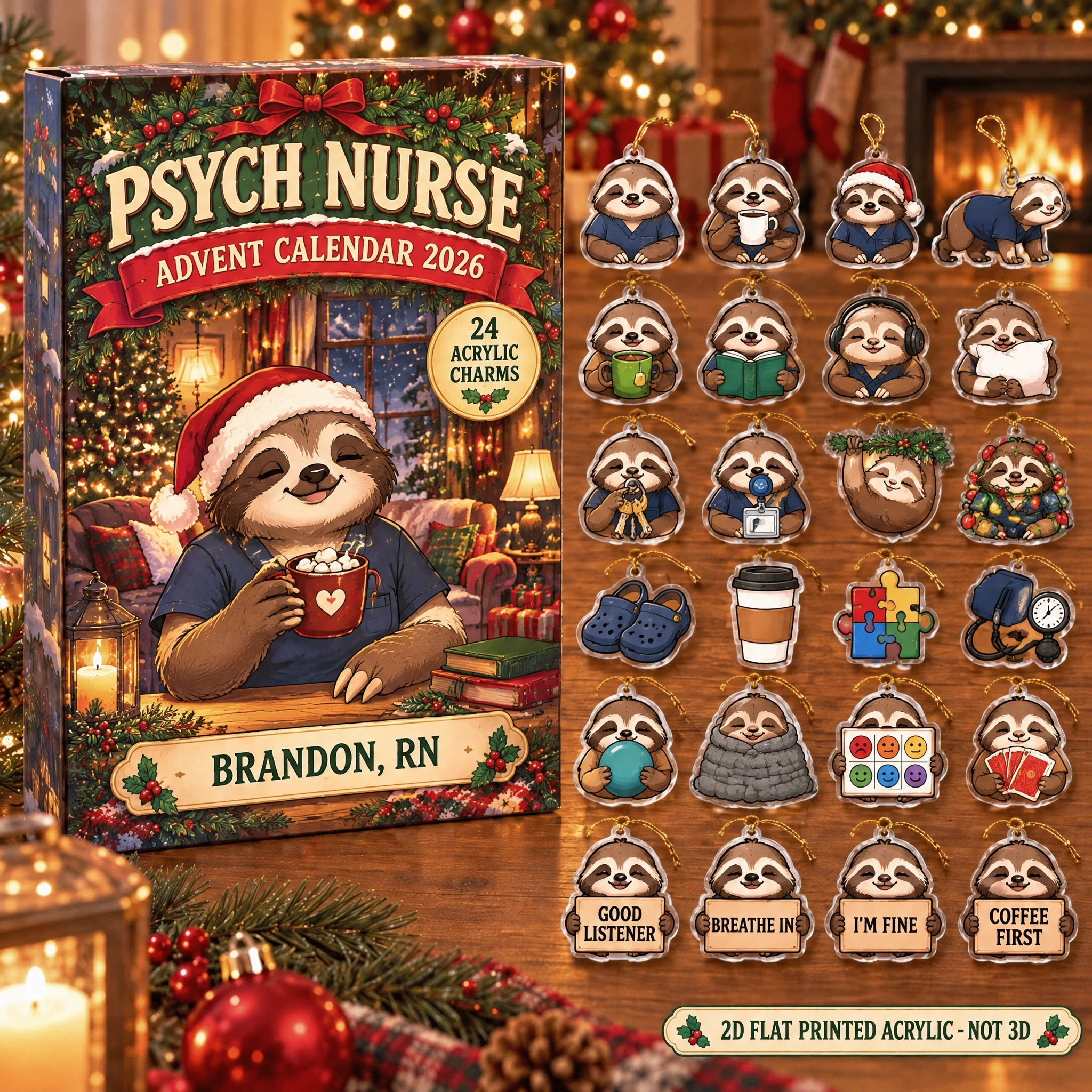 Personalized Psych Nurse Sloth advent calendar box with 24 flat acrylic Christmas charms