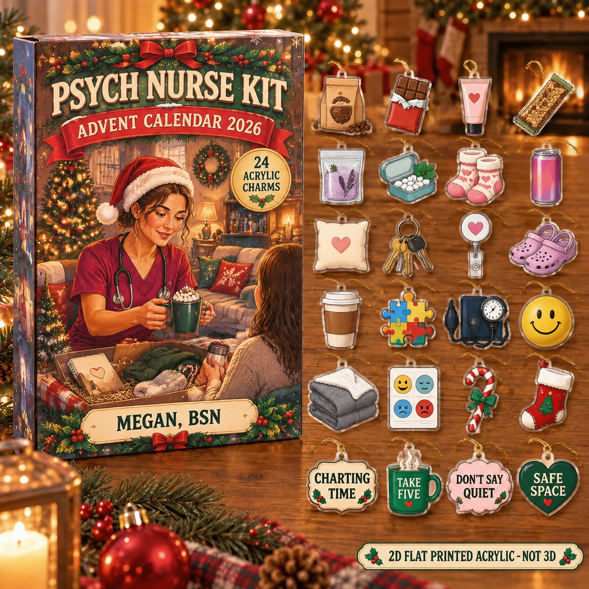 Personalized Psych Nurse Survival Kit advent calendar box with 24 flat acrylic Christmas charms