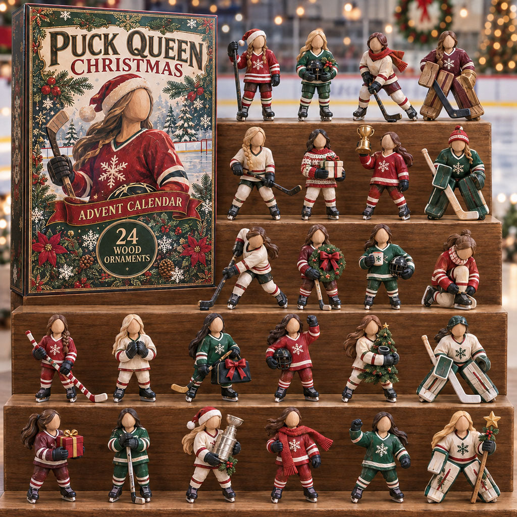 Puck Queen advent calendar box with 24 wooden Christmas charms
