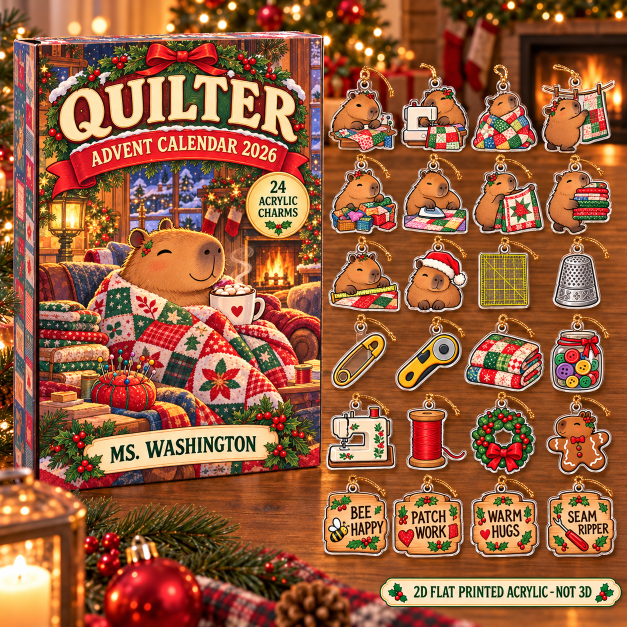 Personalized Quilter Capybara advent calendar box with 24 flat acrylic Christmas charms