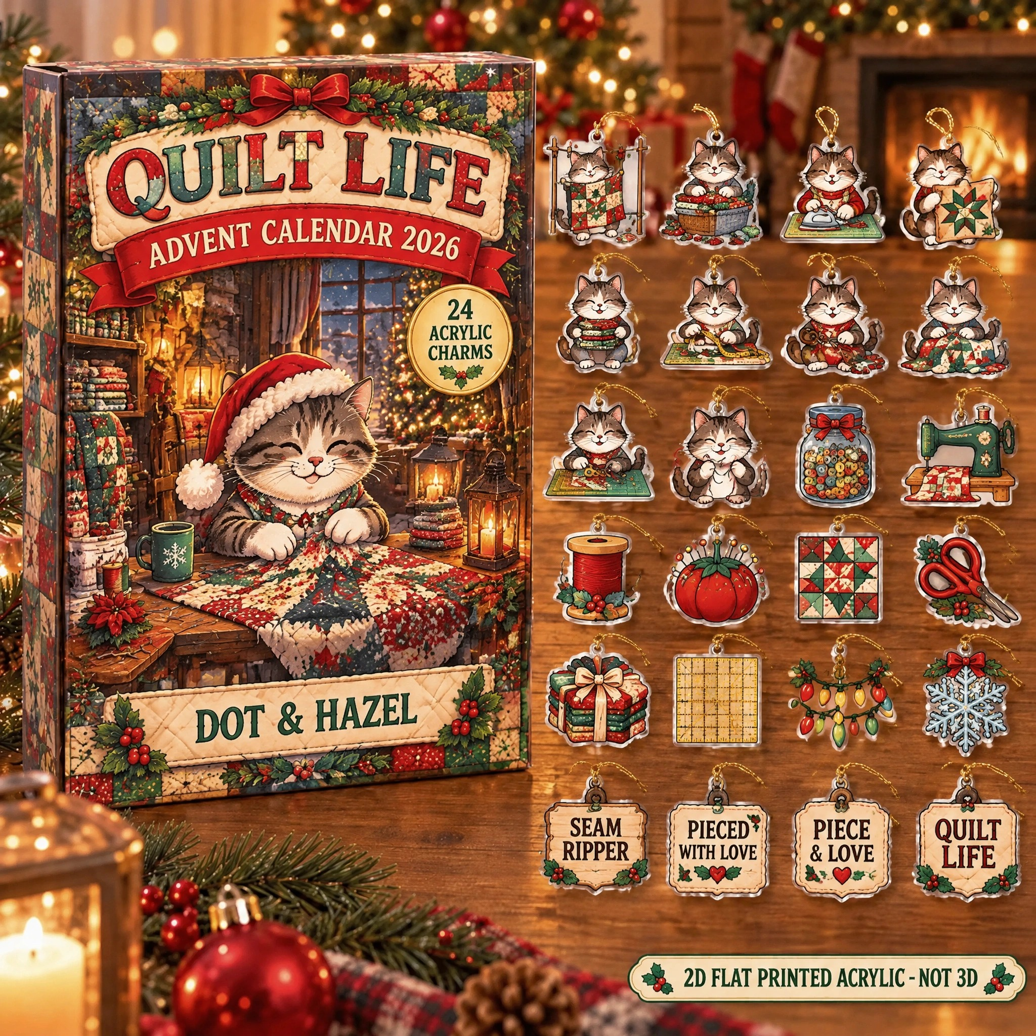 Personalized Quilter Cat advent calendar box with 24 flat acrylic Christmas charms