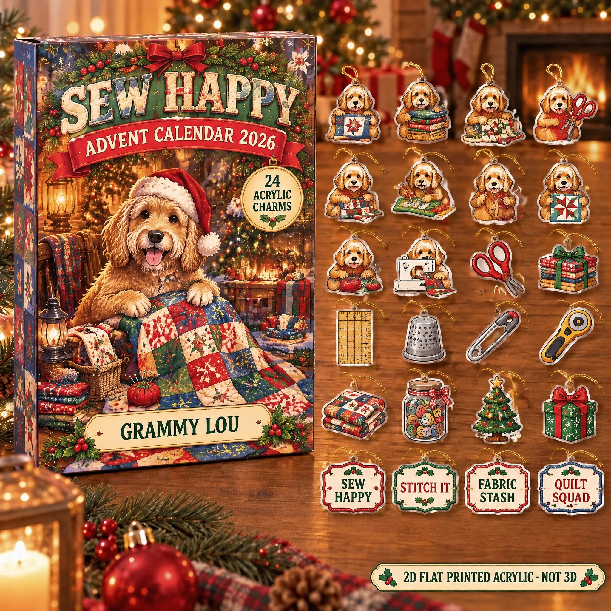 Personalized Quilter Dog advent calendar box with 24 flat acrylic Christmas charms