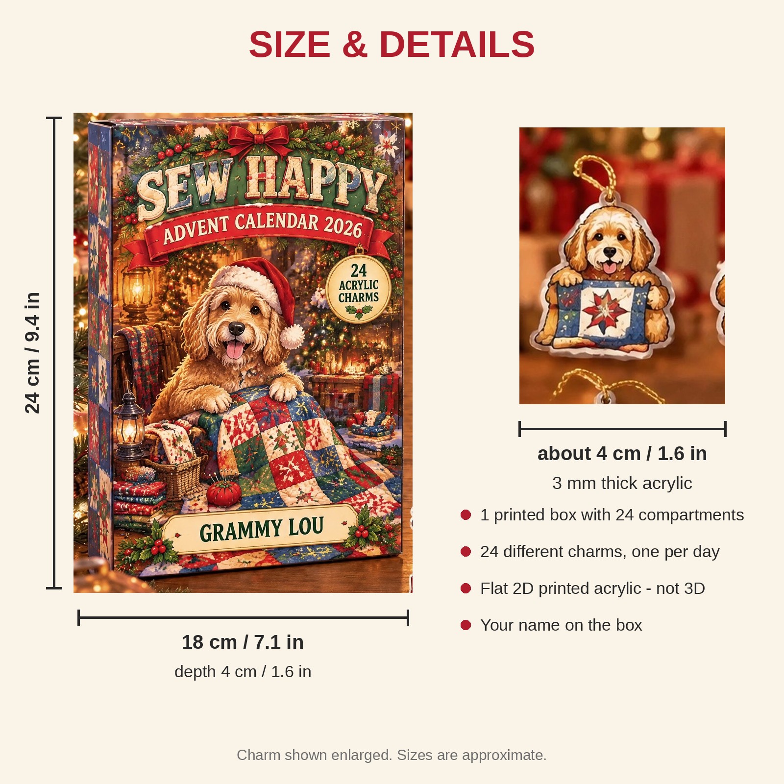 Personalized Quilter Dog advent calendar box with 24 flat acrylic Christmas charms: box and charm sizes