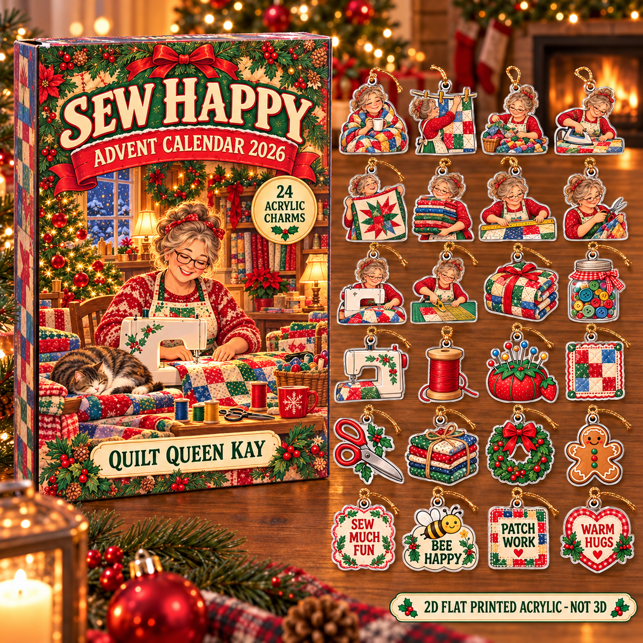 Personalized Quilter Essentials advent calendar box with 24 flat acrylic Christmas charms