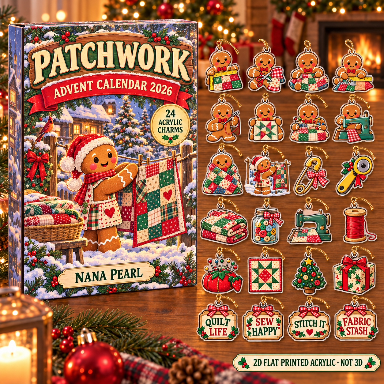 Personalized Quilter Gingerbread advent calendar box with 24 flat acrylic Christmas charms