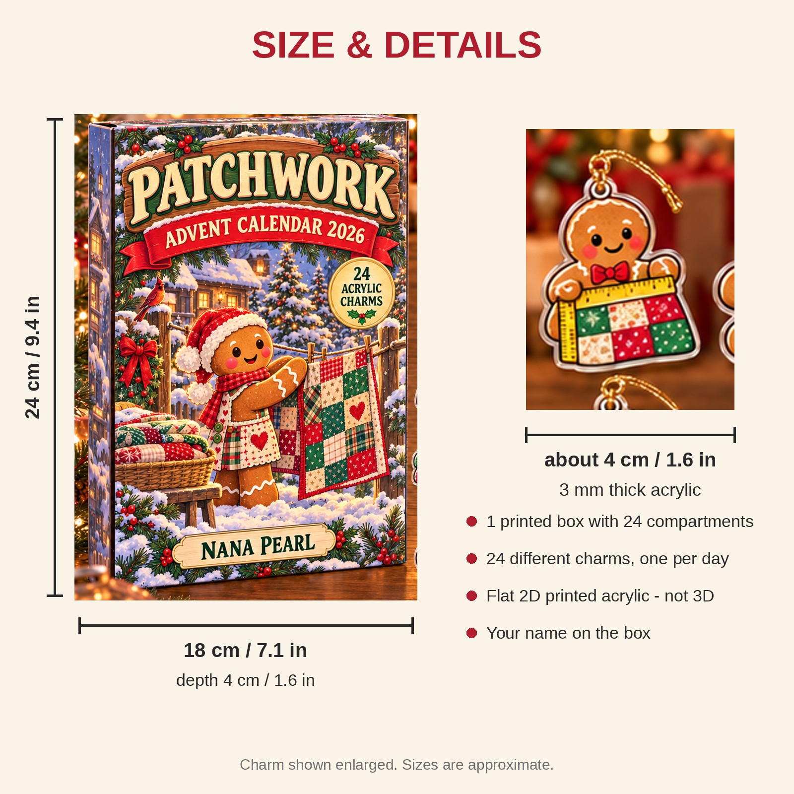 Personalized Quilter Gingerbread advent calendar box with 24 flat acrylic Christmas charms: box and charm sizes