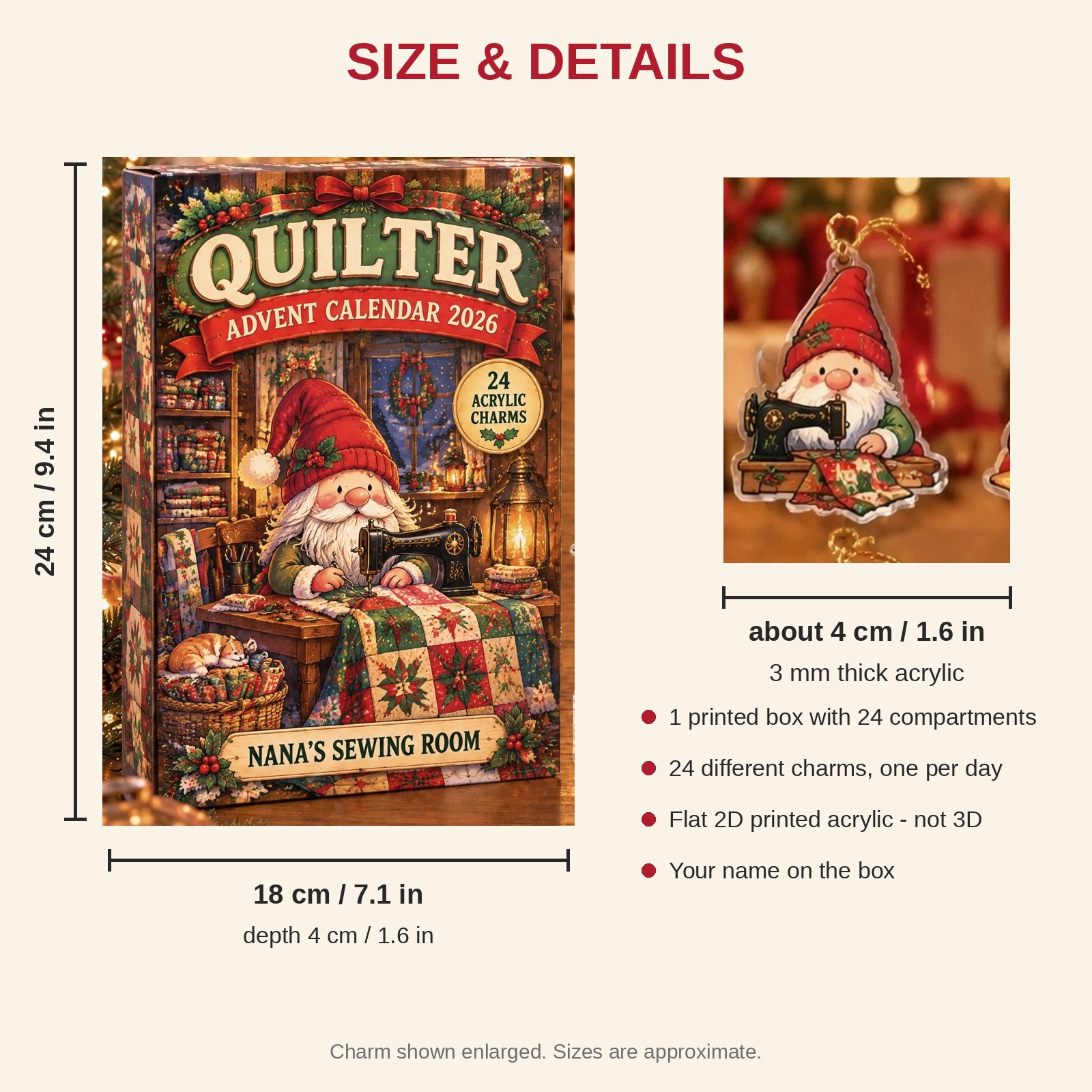 Personalized Quilter Gnome advent calendar box with 24 flat acrylic Christmas charms: box and charm sizes