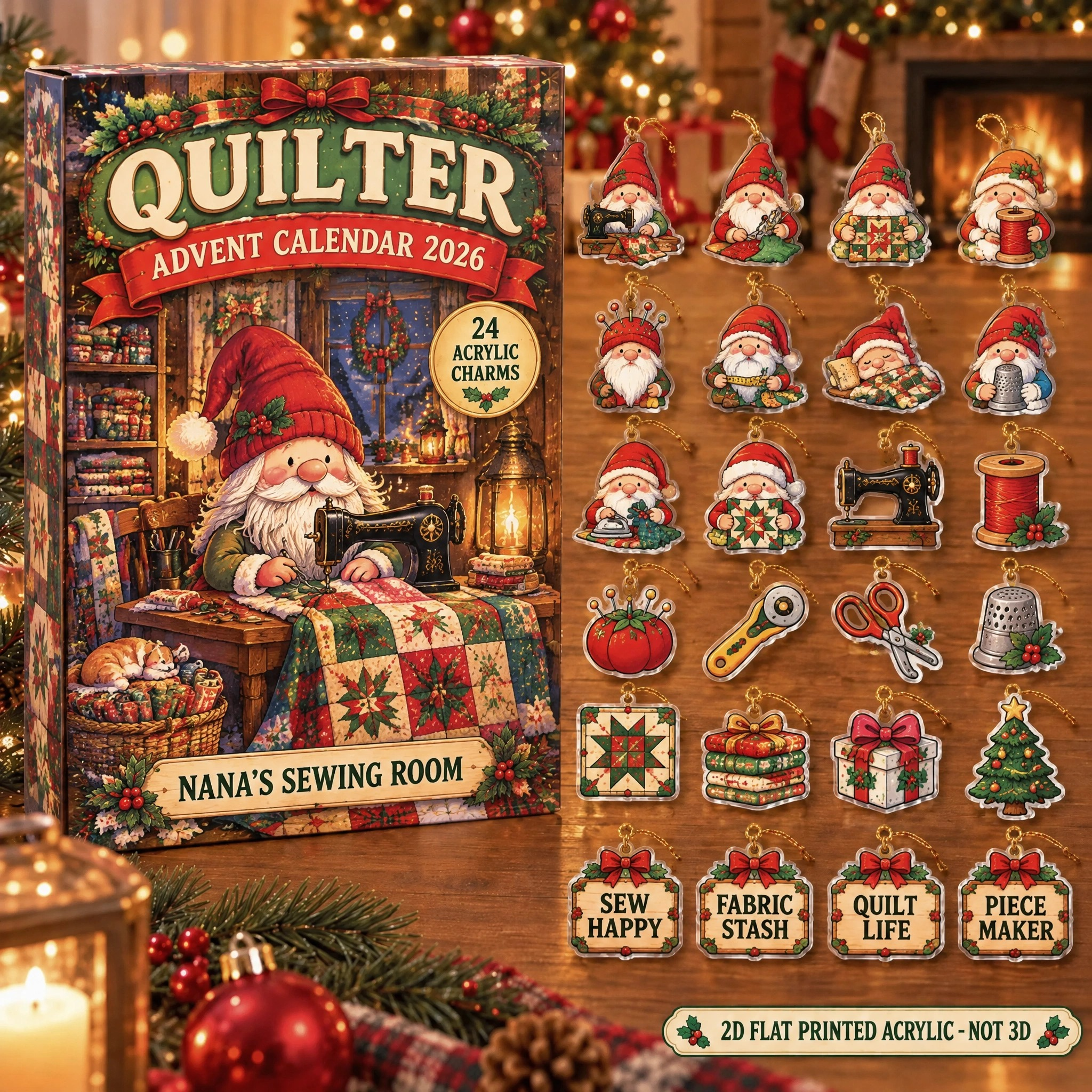 Personalized Quilter Gnome advent calendar box with 24 flat acrylic Christmas charms