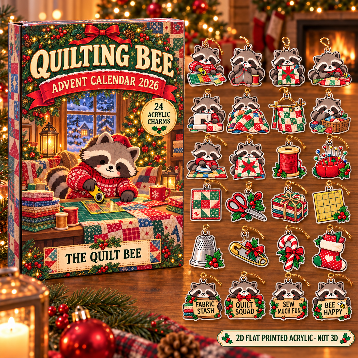 Personalized Quilter Raccoon advent calendar box with 24 flat acrylic Christmas charms