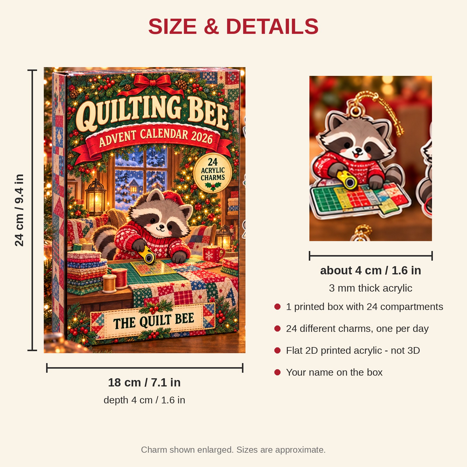 Personalized Quilter Raccoon advent calendar box with 24 flat acrylic Christmas charms: box and charm sizes