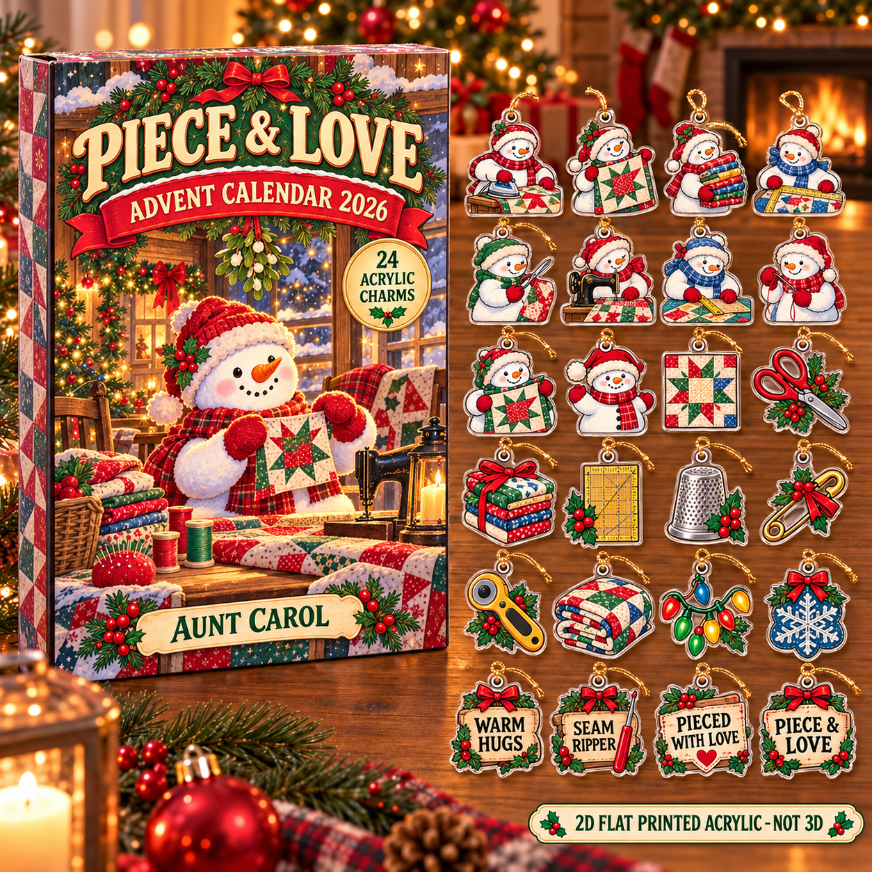 Personalized Quilter Snowman advent calendar box with 24 flat acrylic Christmas charms