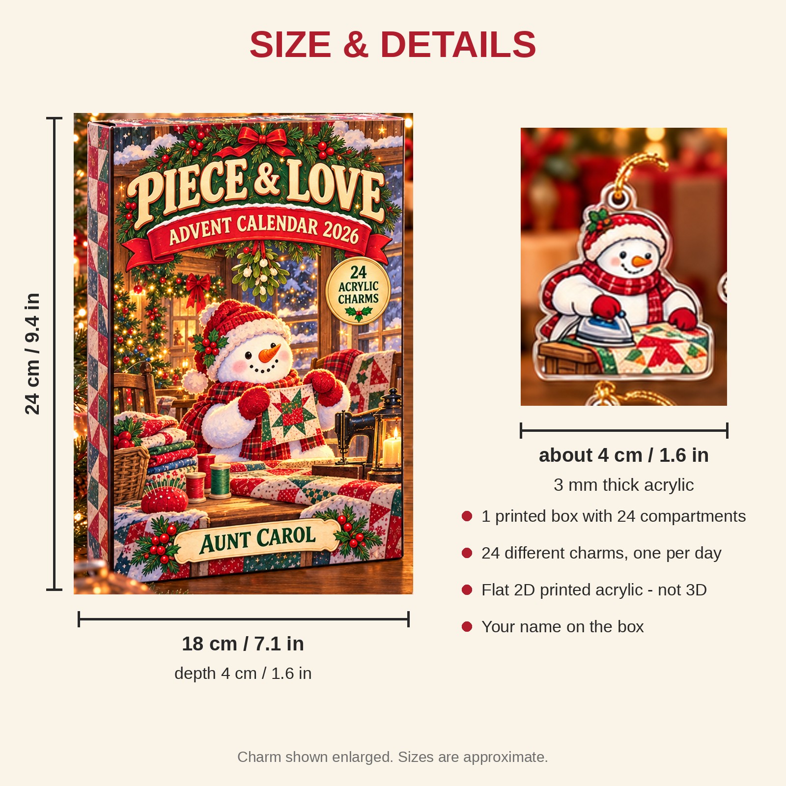 Personalized Quilter Snowman advent calendar box with 24 flat acrylic Christmas charms: box and charm sizes