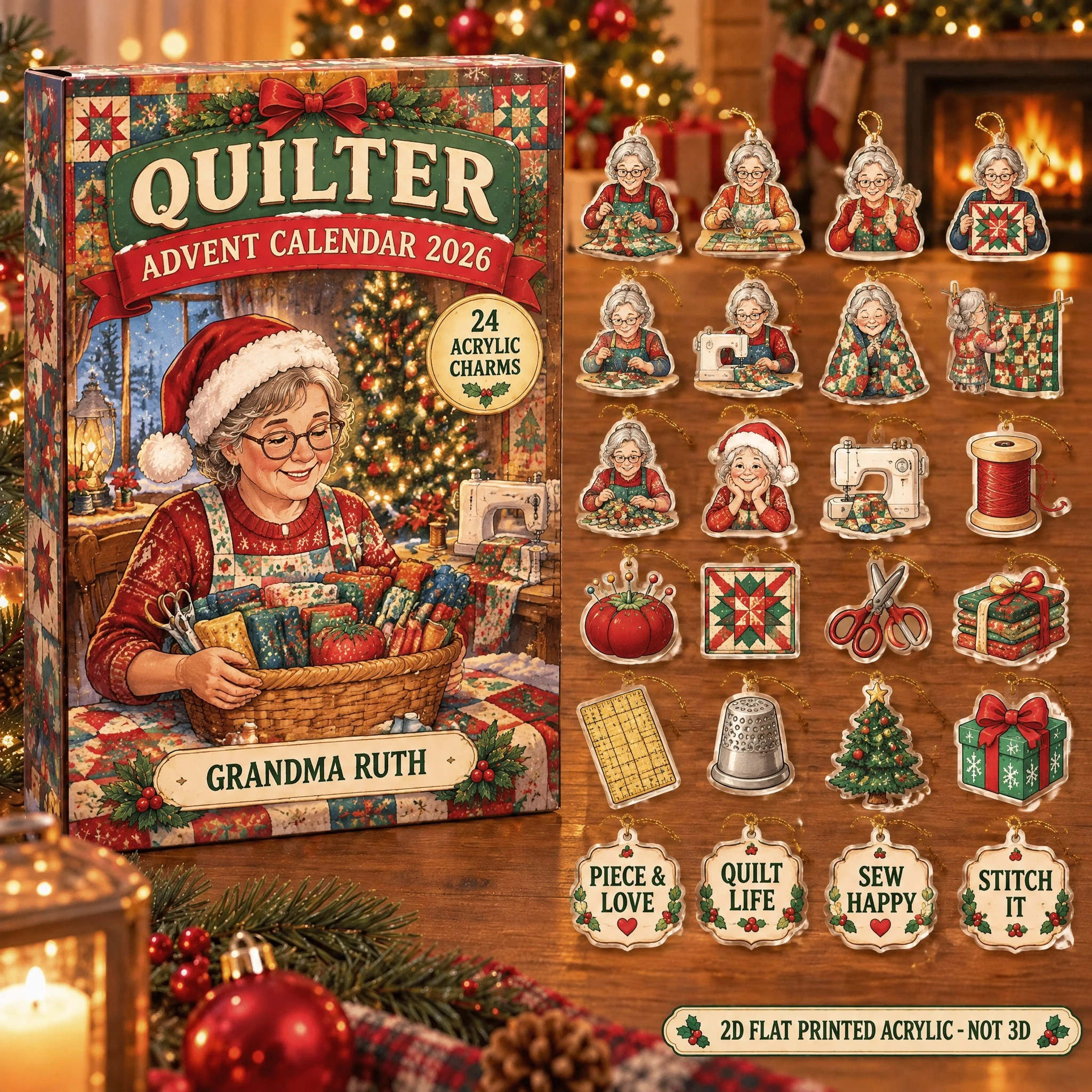 Personalized Quilter Survival Kit advent calendar box with 24 flat acrylic Christmas charms