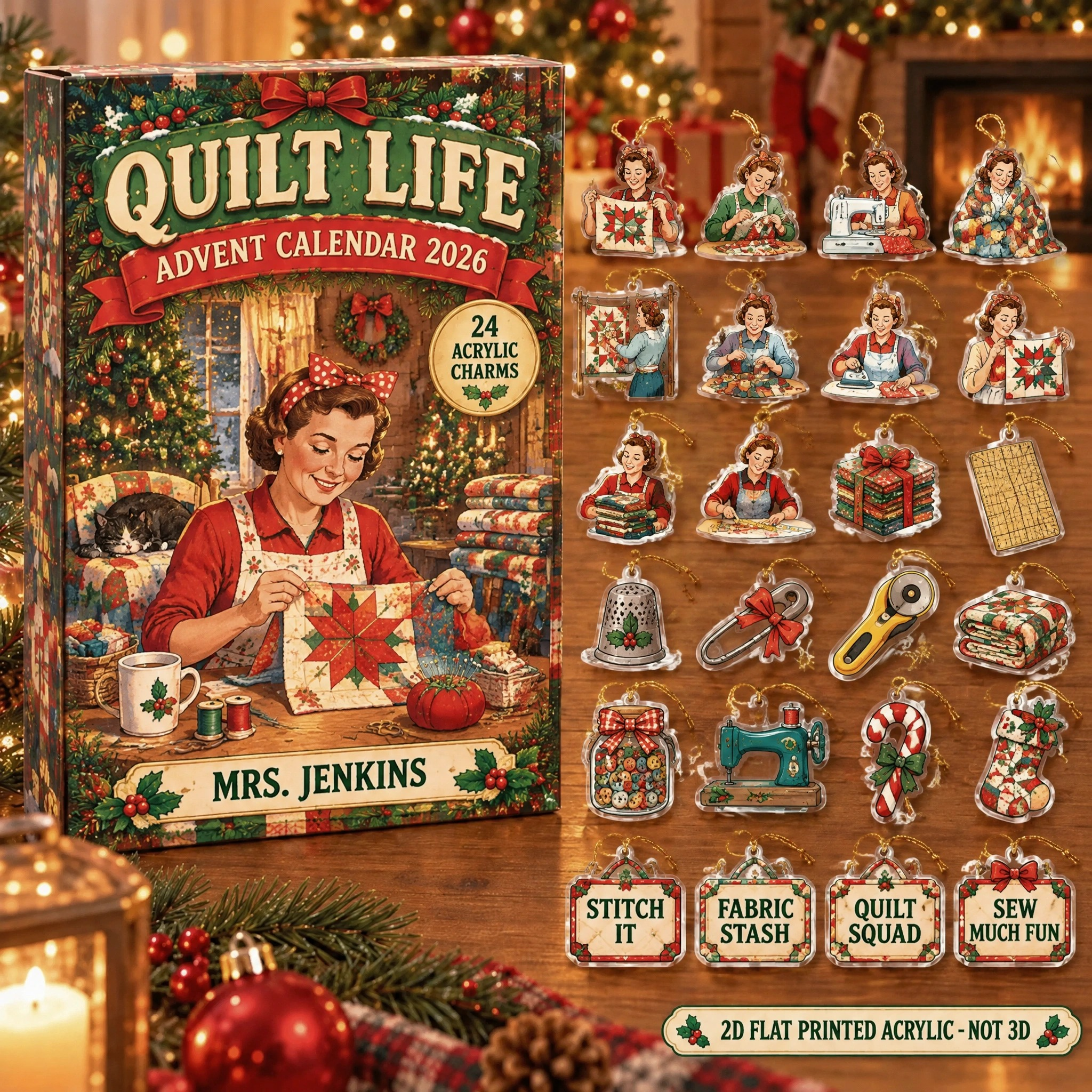 Personalized Quilter Vintage Retro advent calendar box with 24 flat acrylic Christmas charms