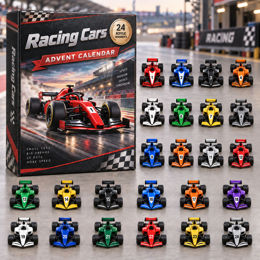 Racing Cars advent calendar box with 24 acrylic Christmas charms