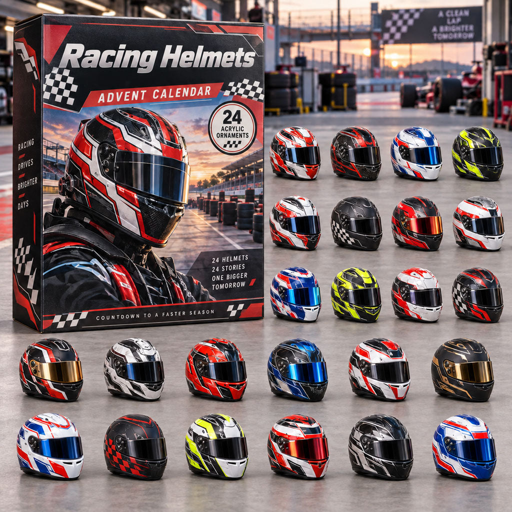 Racing Helmets advent calendar box with 24 acrylic Christmas charms