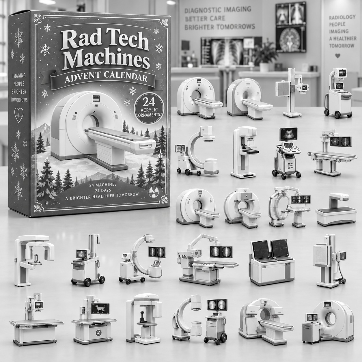 Rad Tech Machines advent calendar box with 24 acrylic Christmas charms: box and charm sizes