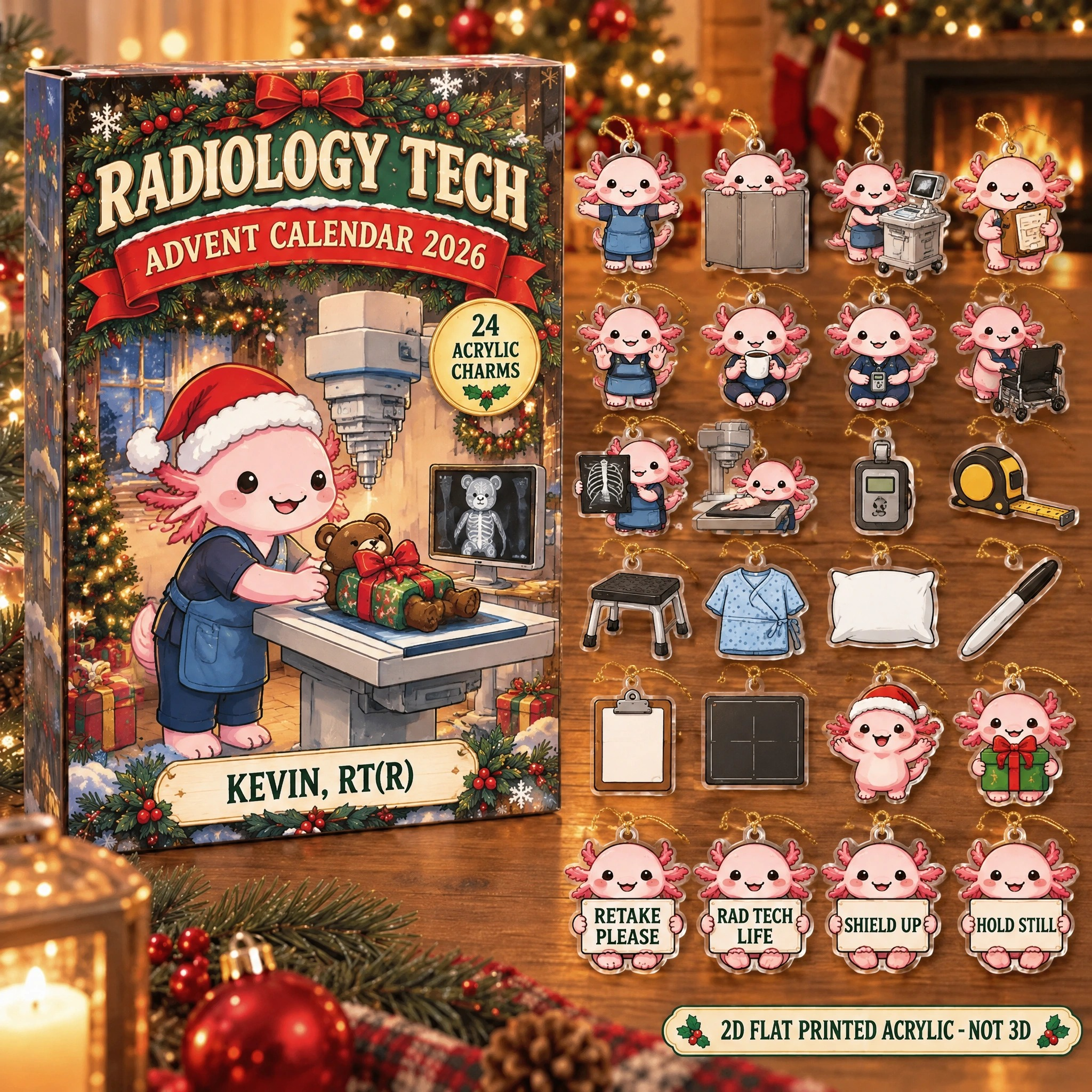 Personalized Radiology Tech Axolotl advent calendar box with 24 flat acrylic Christmas charms