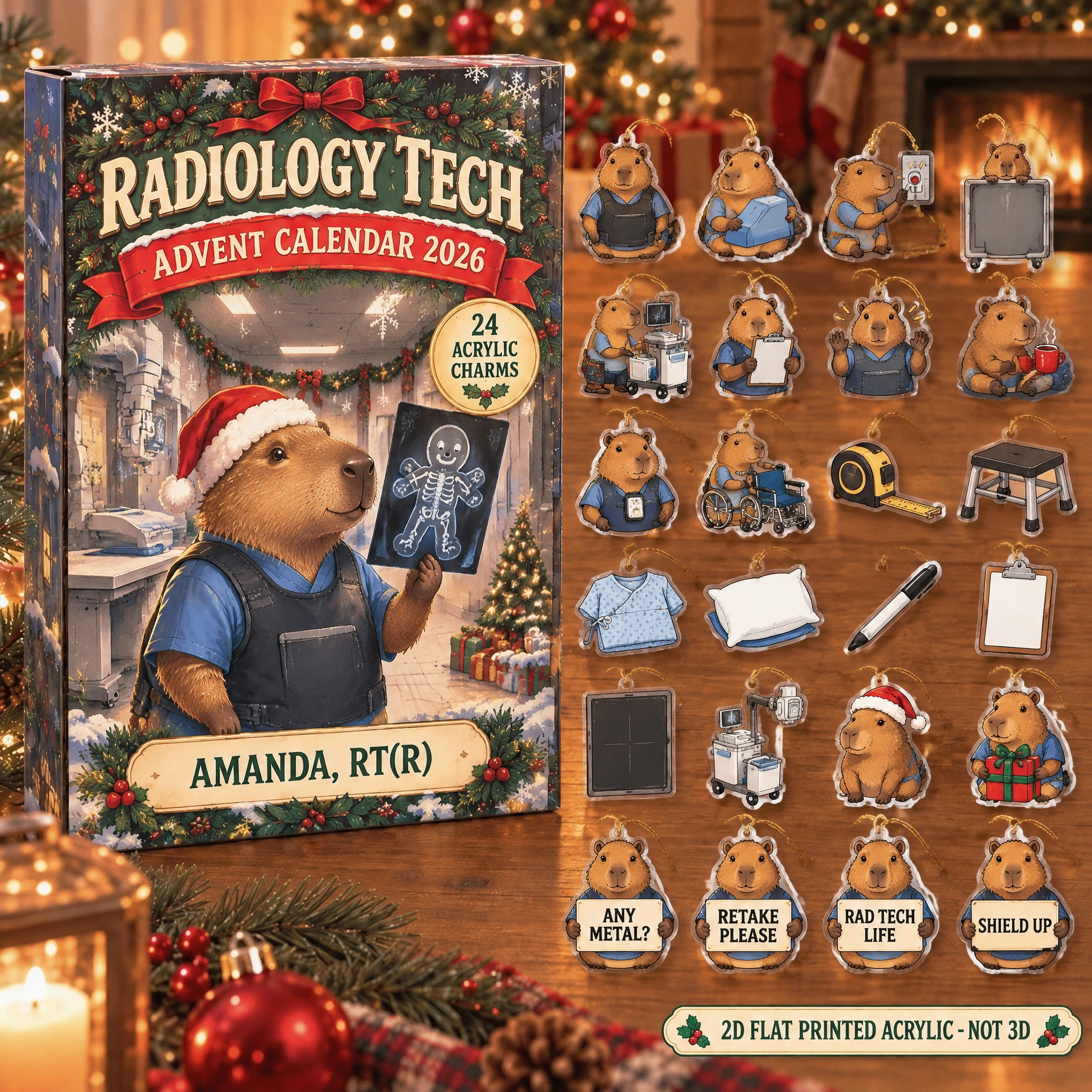 Personalized Radiology Tech Capybara advent calendar box with 24 flat acrylic Christmas charms